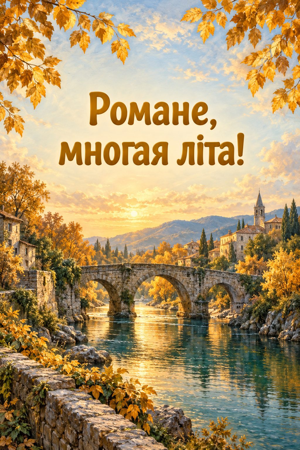 Листівка з Днем ангела Романа: старий кам'яний міст над річкою серед золотих дерев, напис «Романе, многая літа!»
