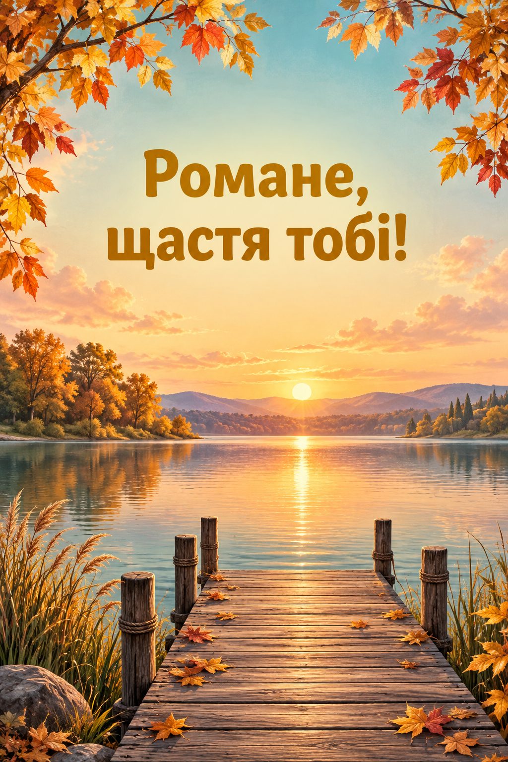 Листівка з Днем ангела Романа: дерев'яний причал на озері на світанку, напис «Романе, щастя тобі!»