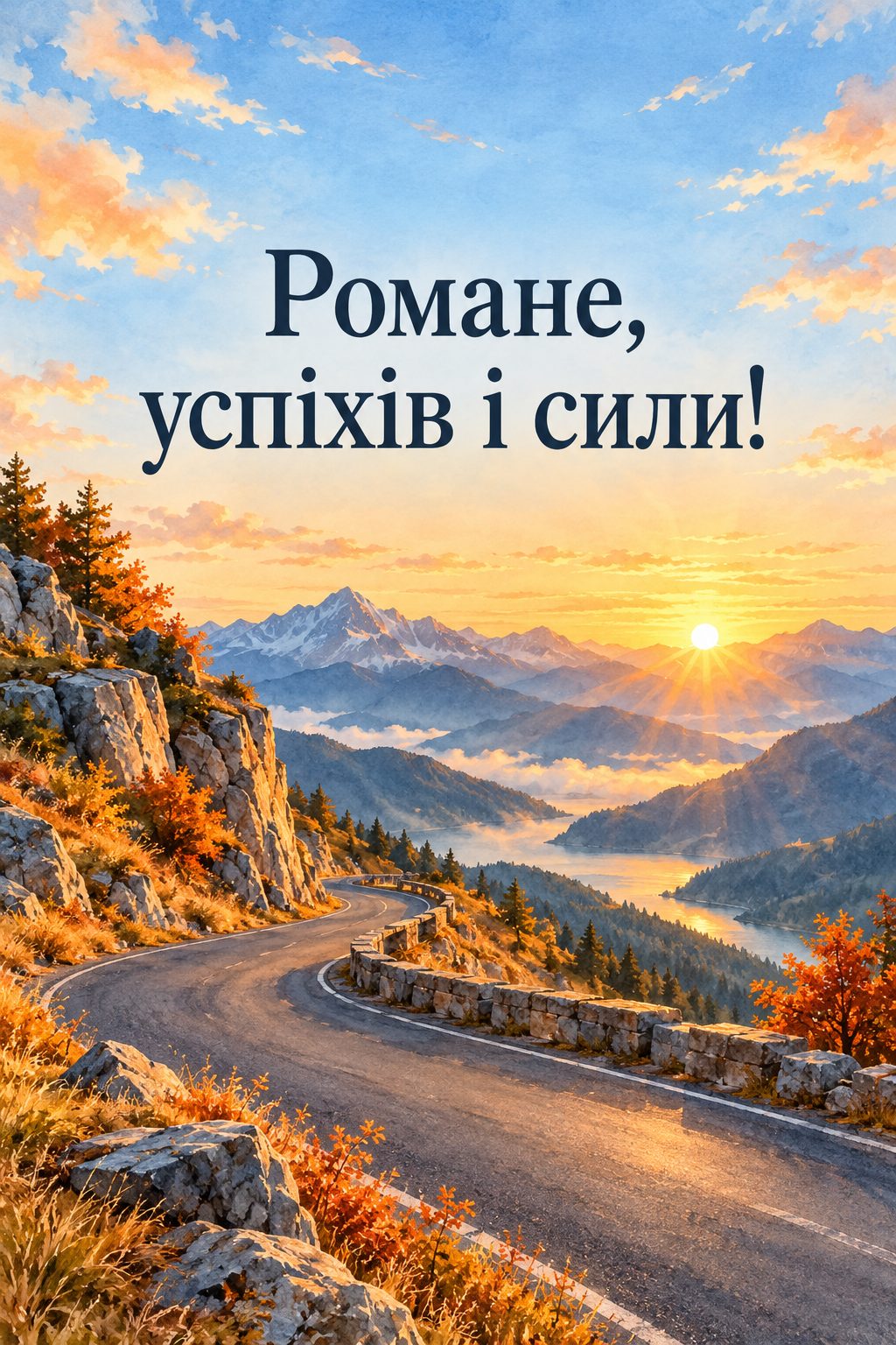 Листівка з Днем ангела Романа: гірська дорога до перевалу на світанку, напис «Романе, успіхів і сили!»