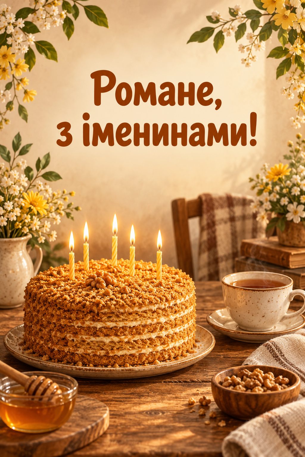 Листівка з Днем ангела Романа: медовий торт зі свічками й чашка чаю, напис «Романе, з іменинами!»