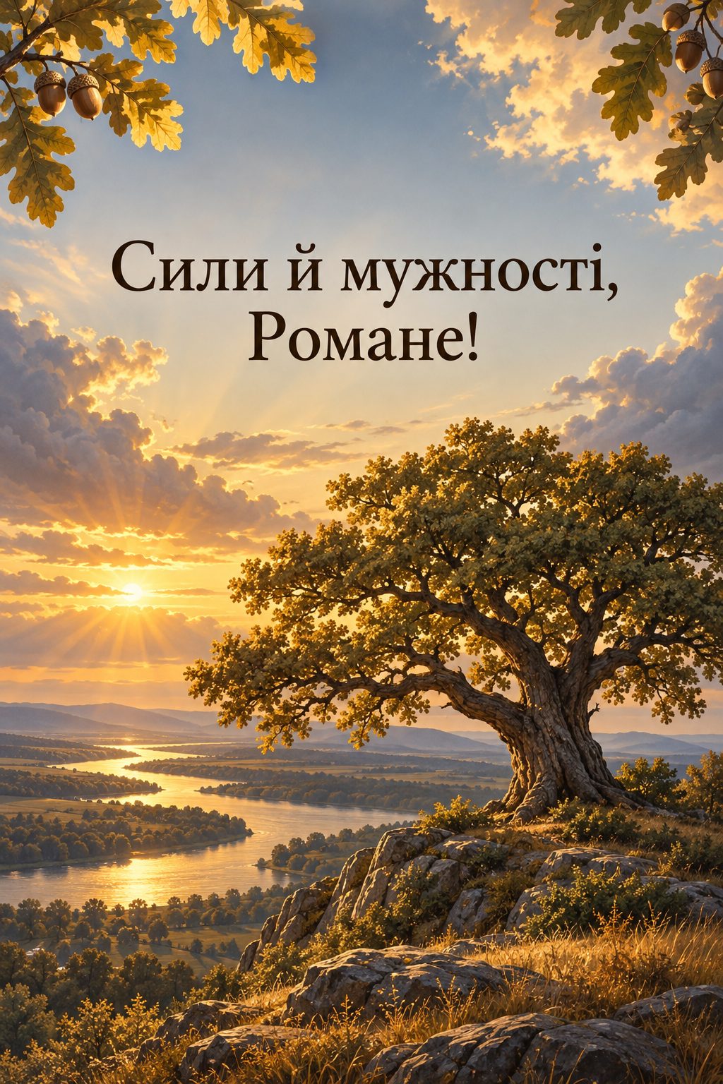 Листівка з Днем ангела Романа: могутній дуб на пагорбі, напис «Сили й мужності, Романе!»