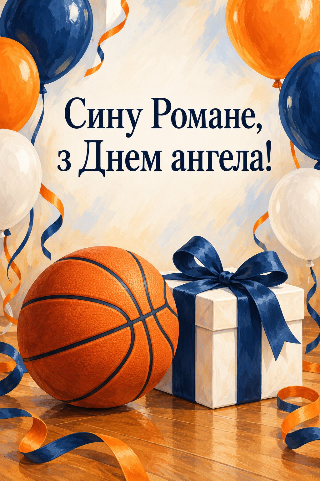 Листівка з Днем ангела Романа: баскетбольний м'яч, подарунок і кульки, напис «Сину Романе, з Днем ангела!»
