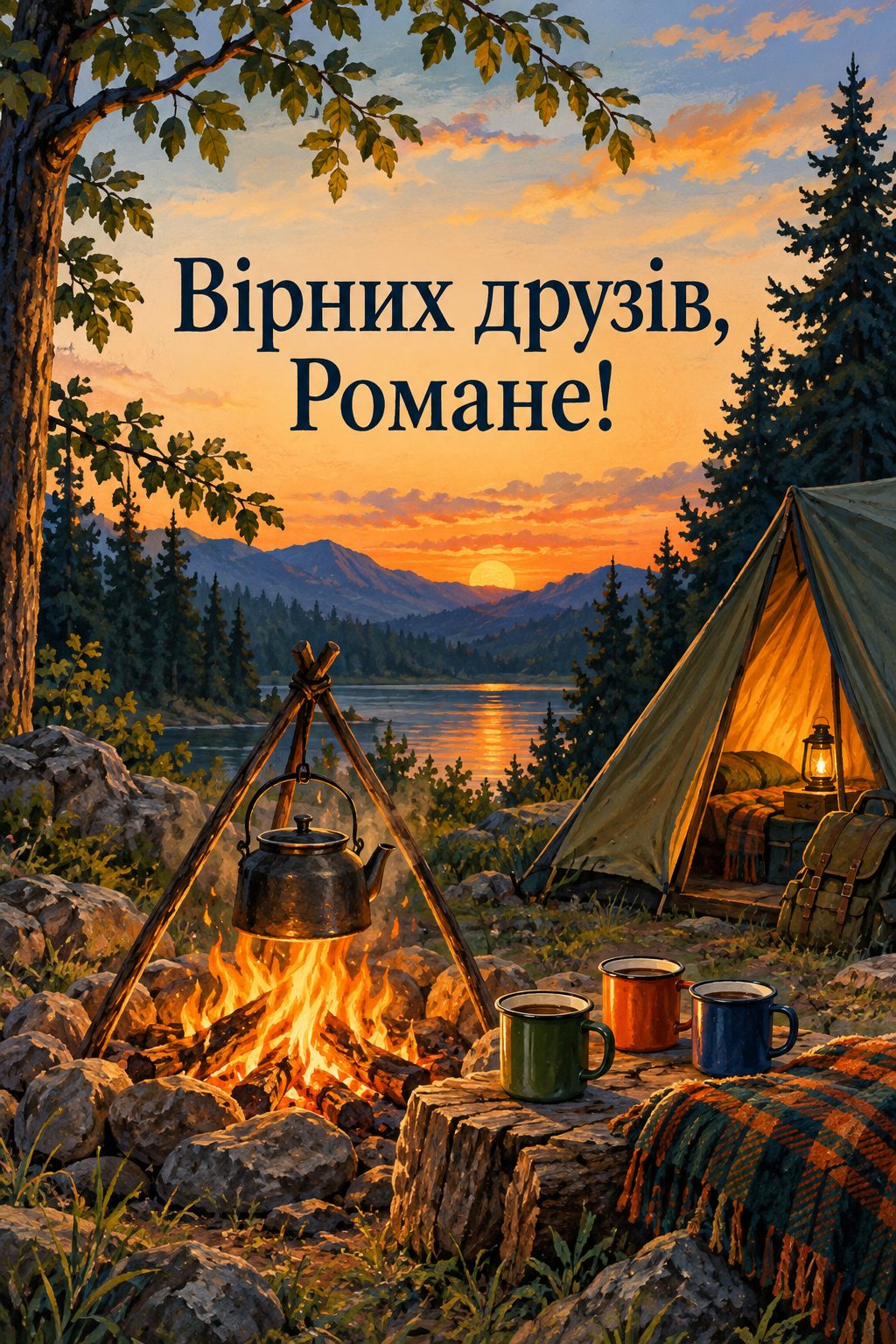 Листівка з Днем ангела Романа: багаття з чайником і три чашки біля намету, напис «Вірних друзів, Романе!»