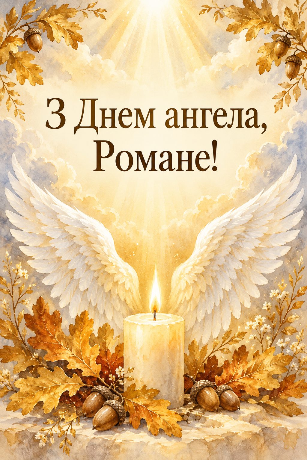 Листівка з Днем ангела Романа: білі ангельські крила над свічкою й дубове листя, напис «З Днем ангела, Романе!»