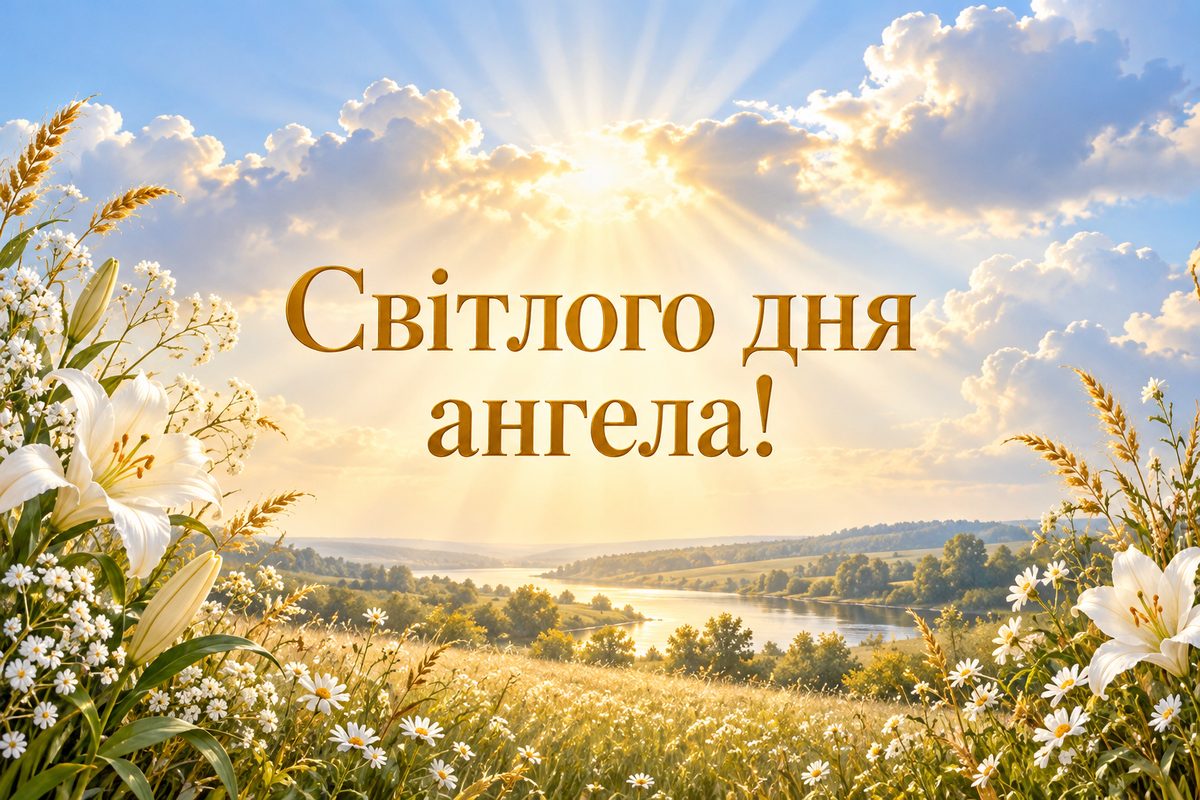 Листівка з днем ангела: сонячні промені крізь хмари над лугом, напис «Світлого дня ангела!»
