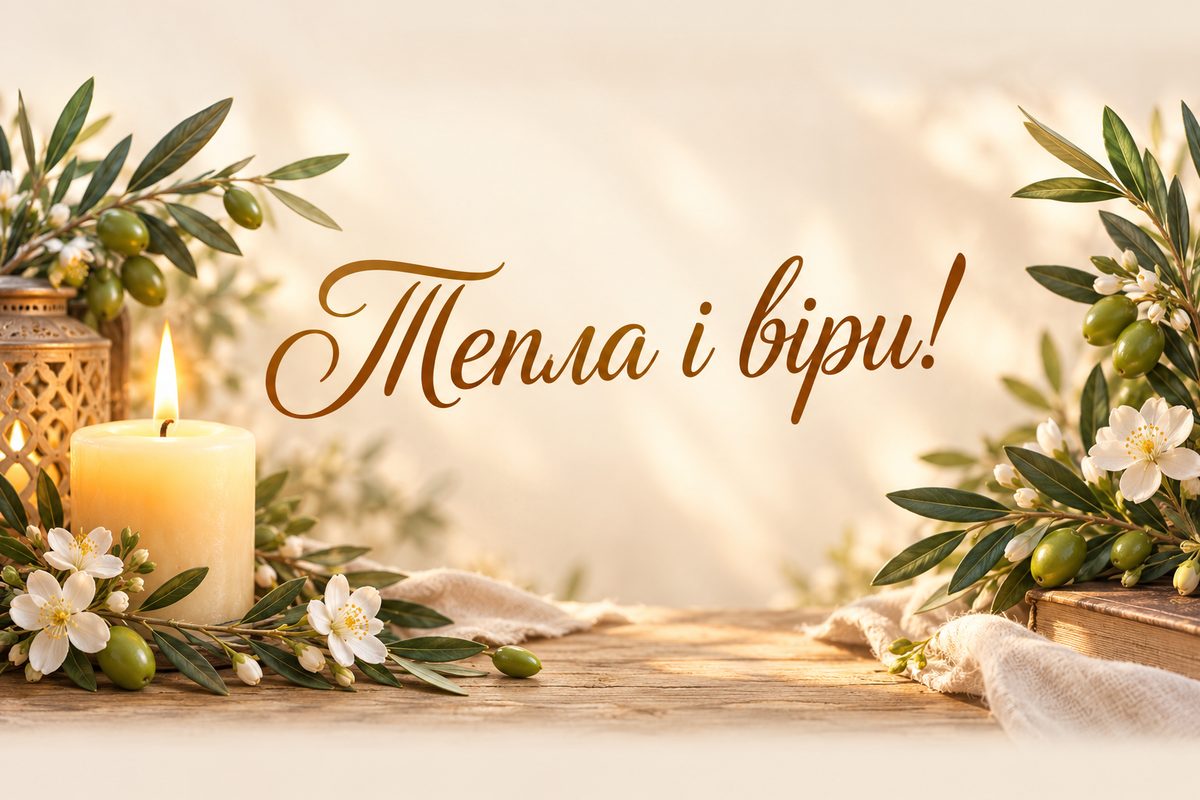 Листівка з днем ангела: свічка й гілка оливи, напис «Тепла і віри!»