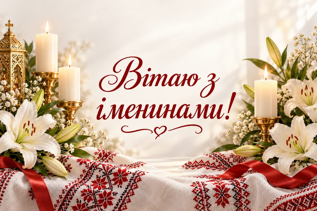 Листівка з днем ангела: свічки й лілії на вишитому рушнику, напис «Вітаю з іменинами!»