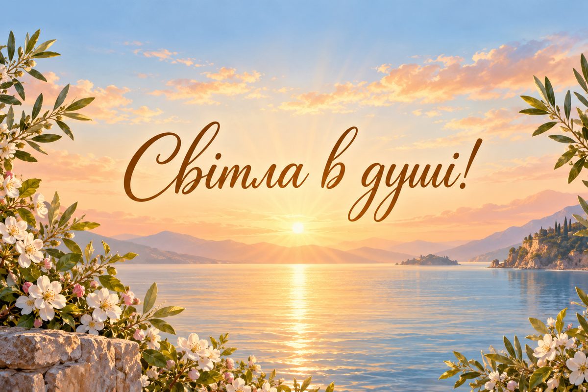 Листівка з днем ангела: світанок над водою, напис «Світла в душі!»
