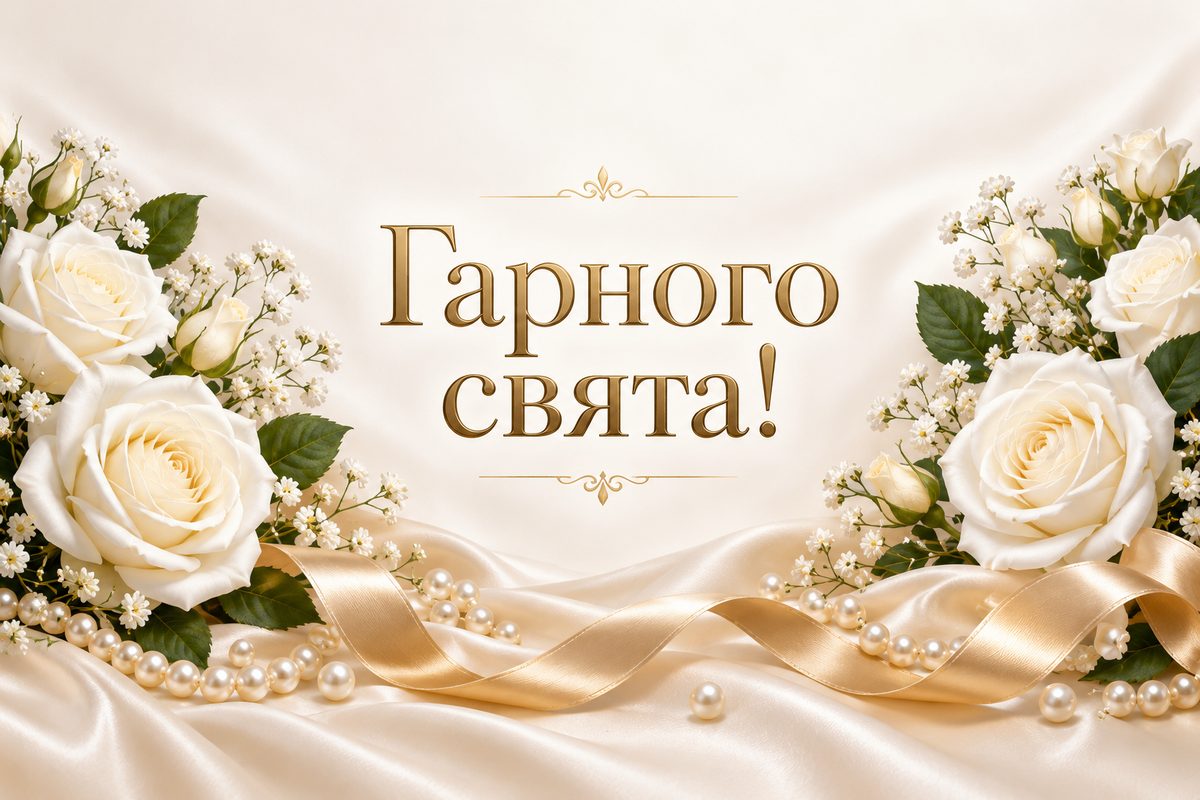 Листівка з днем ангела: білі троянди й перли, напис «Гарного свята!»