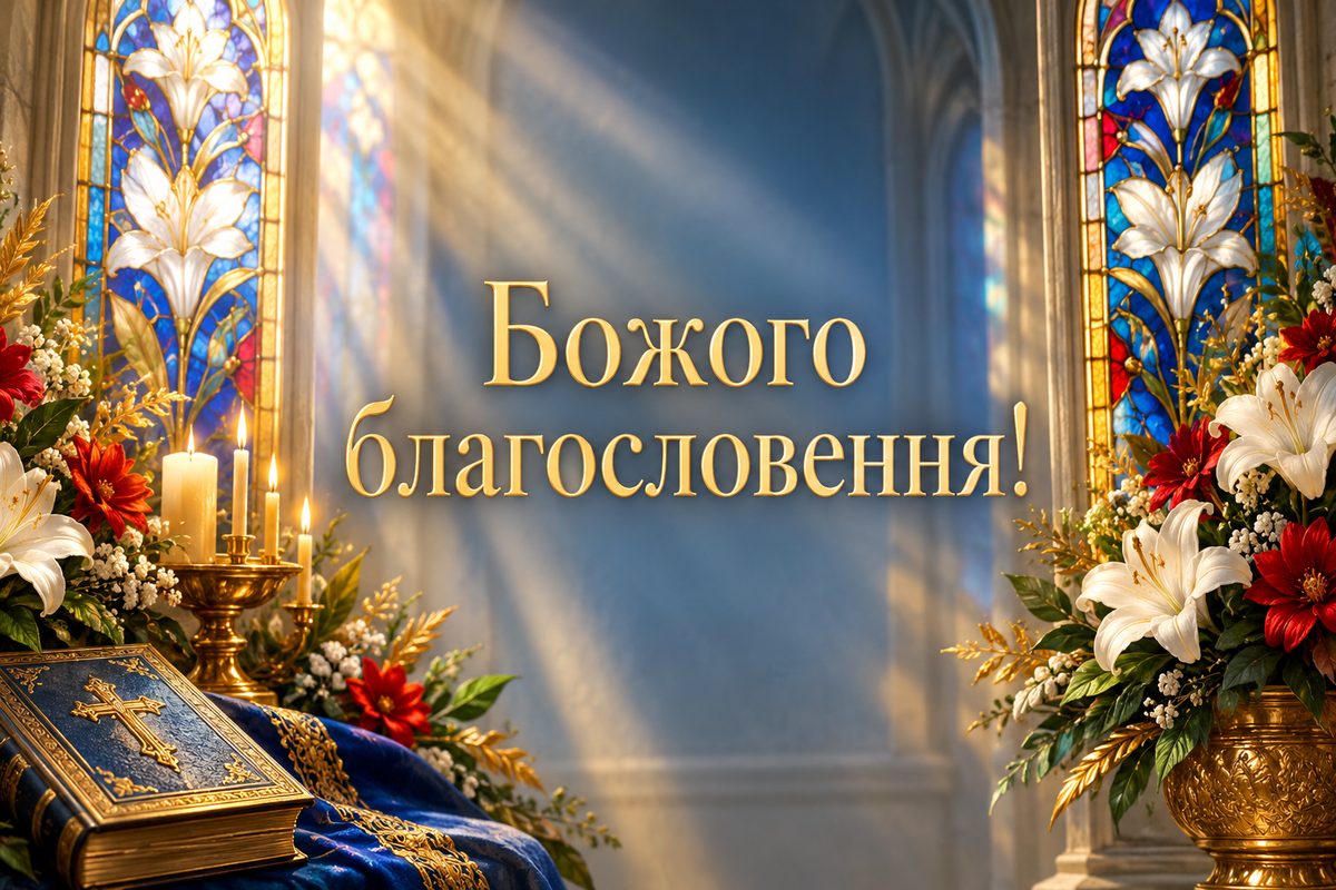 Листівка з днем ангела: світло крізь вітраж, напис «Божого благословення!»