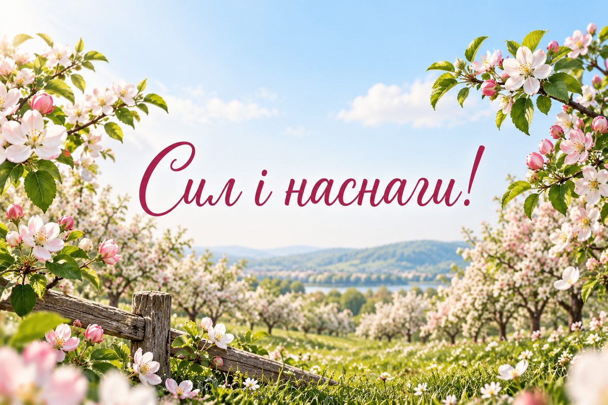 Листівка з днем ангела: квітучий яблуневий сад, напис «Сил і наснаги!»