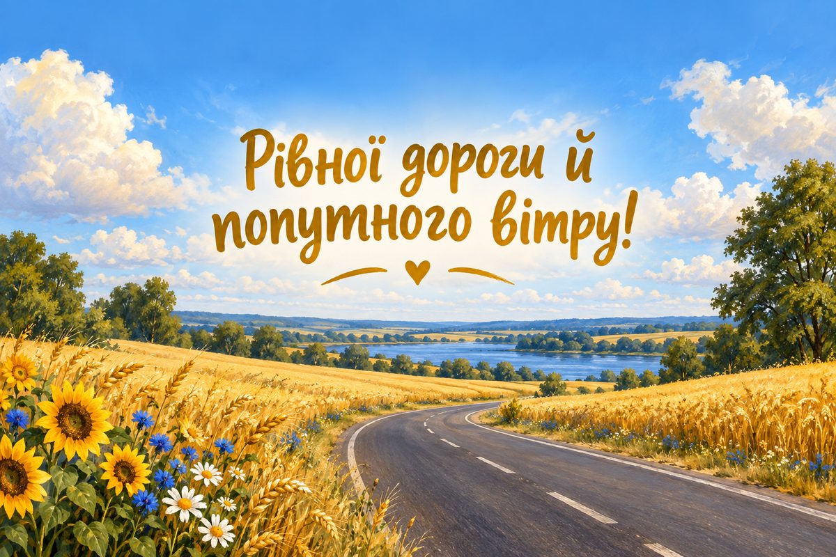 Листівка з Днем автомобіліста: дорога через пшеничні поля під хмарами, напис «Рівної дороги й попутного вітру!»