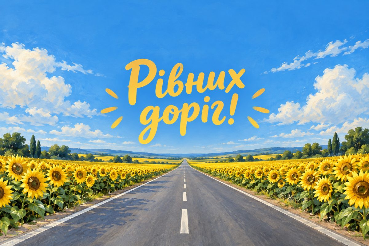 Листівка з Днем автомобіліста: пряма дорога через соняшникове поле, напис «Рівних доріг!»