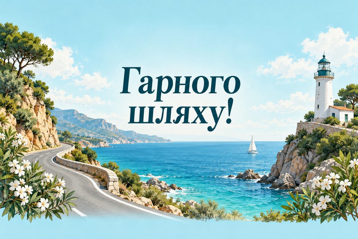 Листівка з Днем автомобіліста: дорога вздовж моря з маяком, напис «Гарного шляху!»