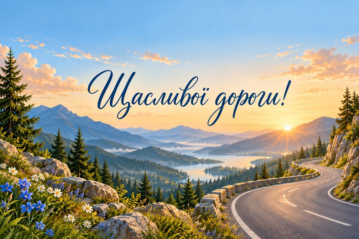 Листівка з Днем автомобіліста: звивиста гірська дорога на світанку, напис «Щасливої дороги!»
