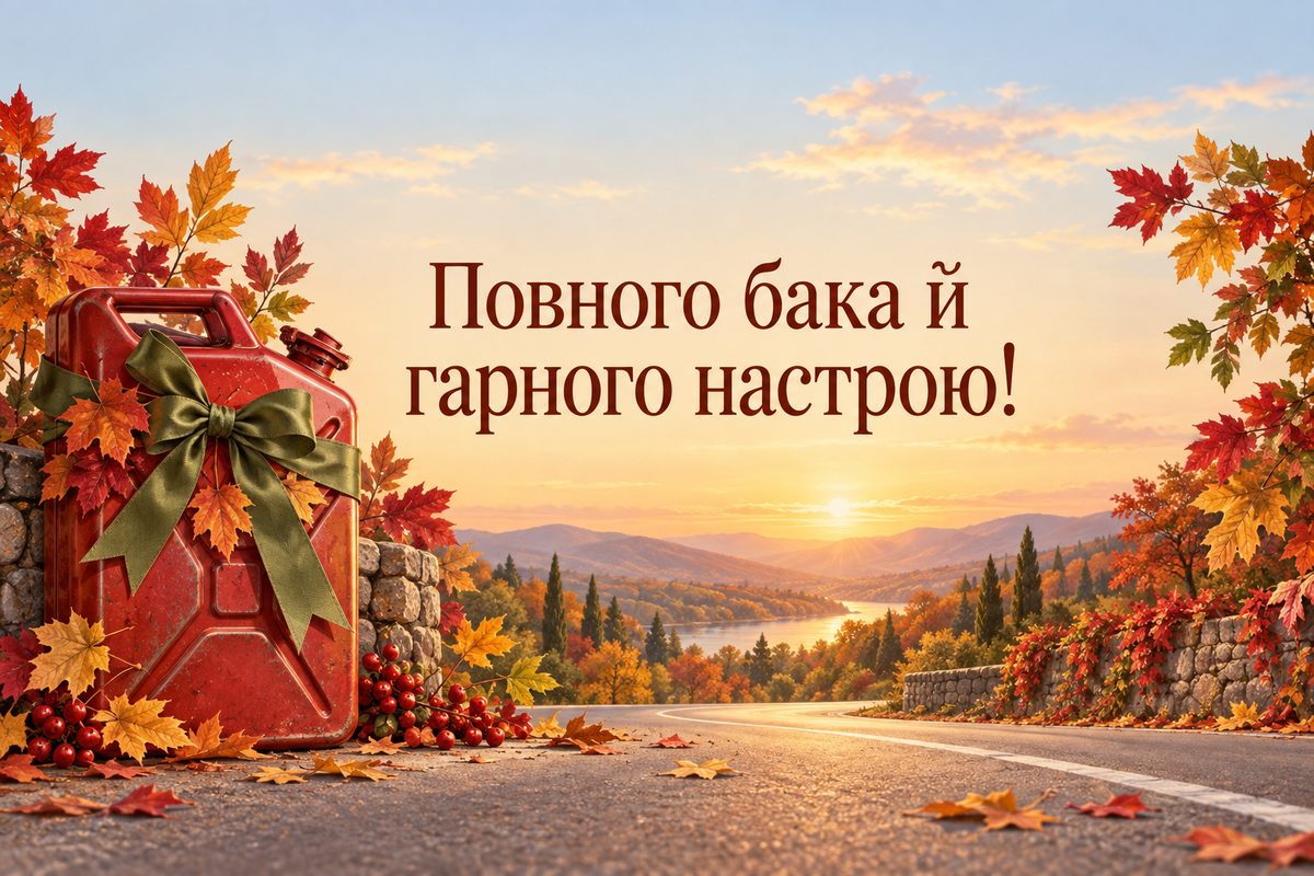 Листівка з Днем автомобіліста: ретро-каністра з бантом і осіннє листя, напис «Повного бака й гарного настрою!»