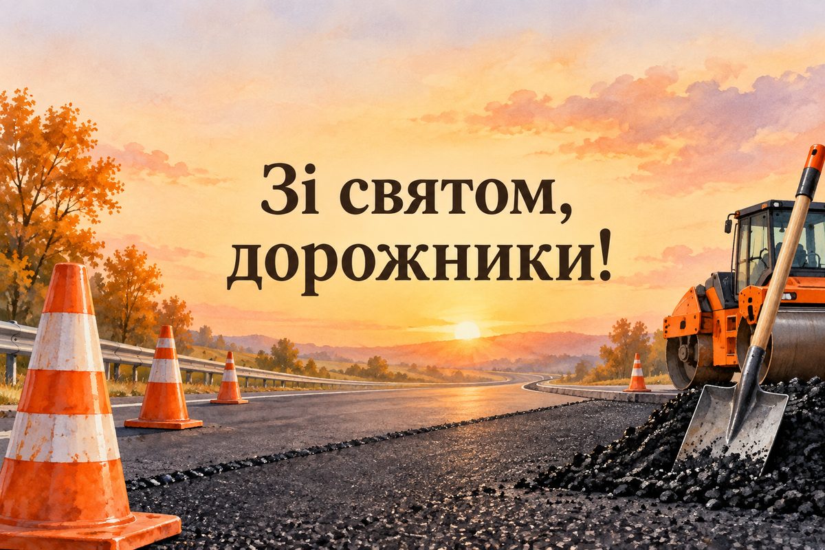 Листівка з Днем автомобіліста: дорожні конуси, лопата й свіжий асфальт на світанку, напис «Зі святом, дорожники!»
