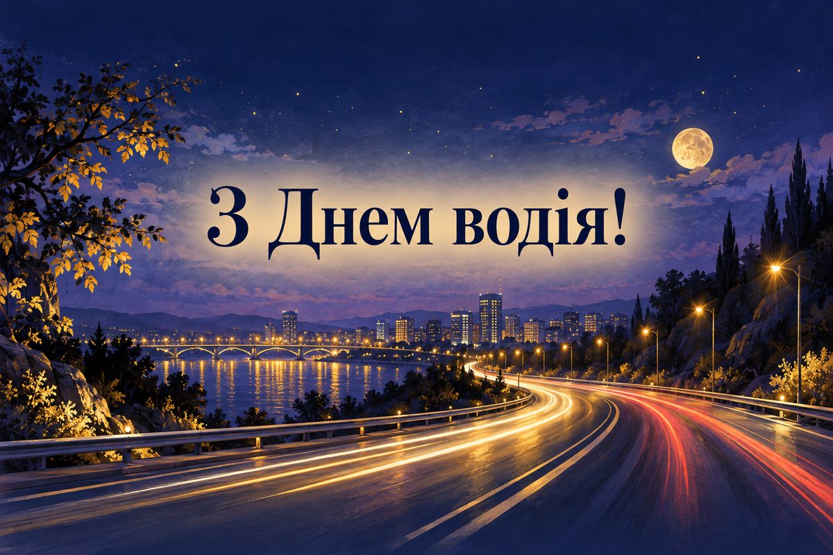 Листівка з Днем автомобіліста: нічна траса з вогнями міста, напис «З Днем водія!»