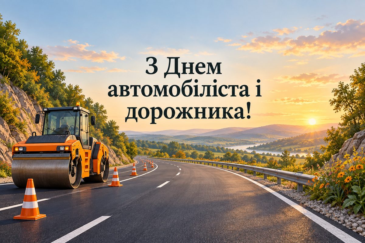 Листівка з Днем автомобіліста: нова асфальтова дорога, дорожній коток і конуси, напис «З Днем автомобіліста і дорожника!»