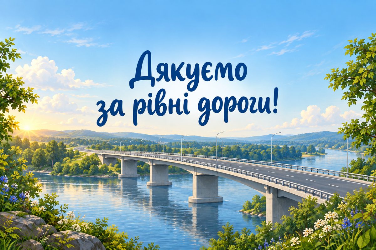 Листівка з Днем автомобіліста: новий міст через річку, напис «Дякуємо за рівні дороги!»