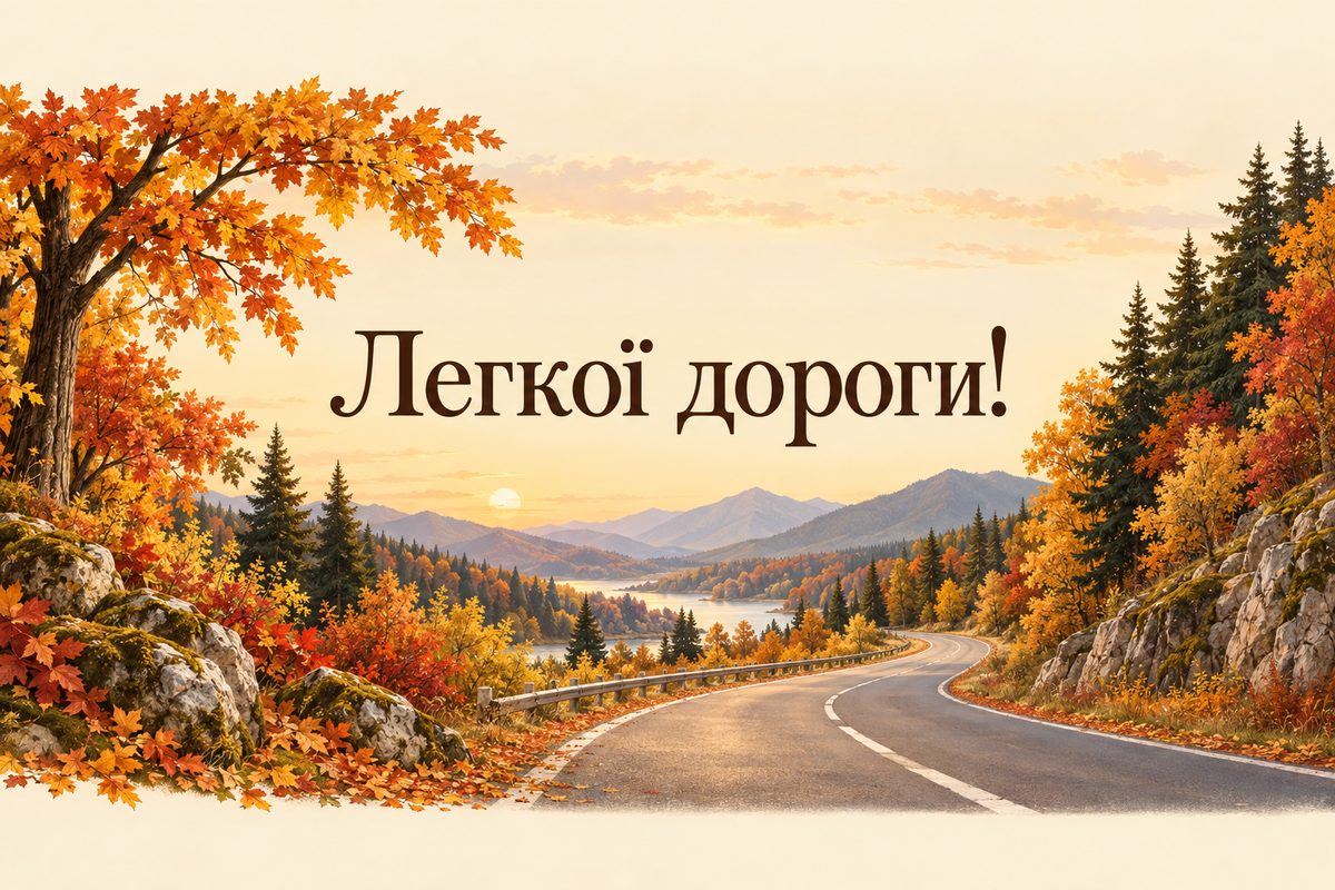 Листівка з Днем автомобіліста: дорога крізь золотий осінній ліс, напис «Легкої дороги!»