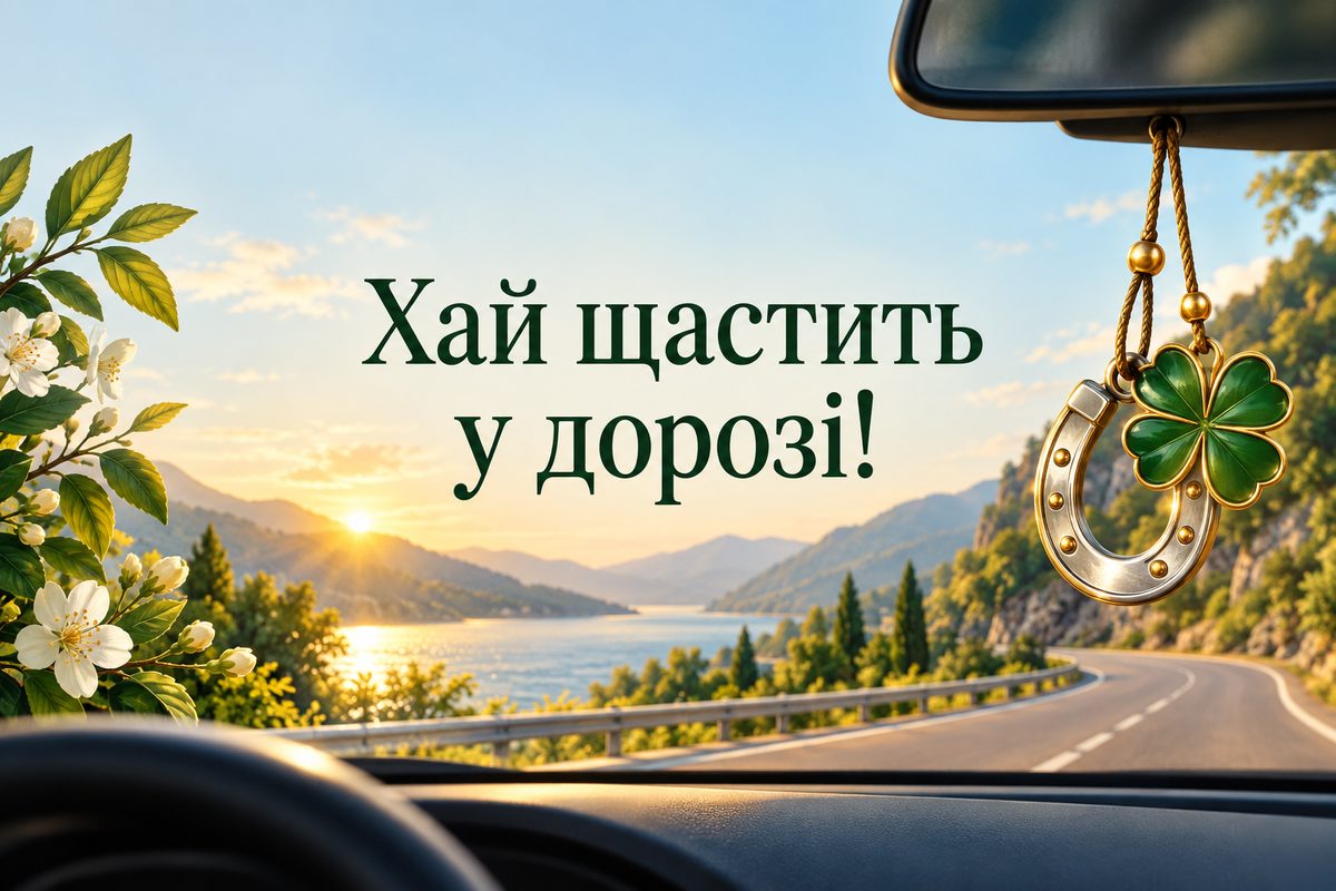 Листівка з Днем автомобіліста: підкова й конюшина на дзеркалі авто, напис «Хай щастить у дорозі!»