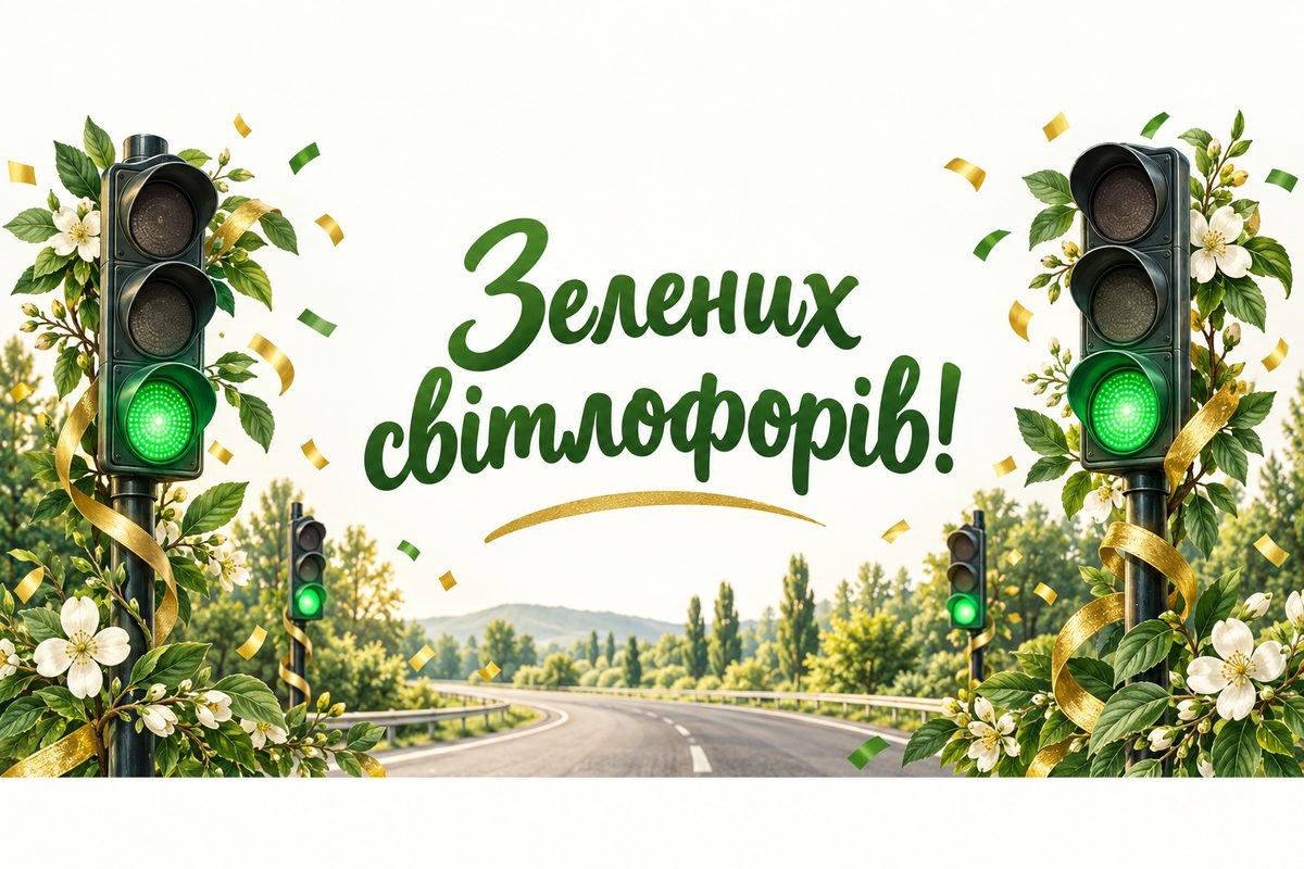 Листівка з Днем автомобіліста: три зелені світлофори й конфеті, напис «Зелених світлофорів!»