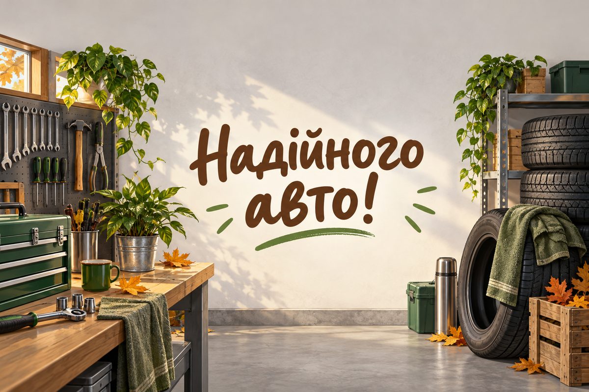 Листівка з Днем автомобіліста: охайний верстак у гаражі з інструментами й шиною, напис «Надійного авто!»