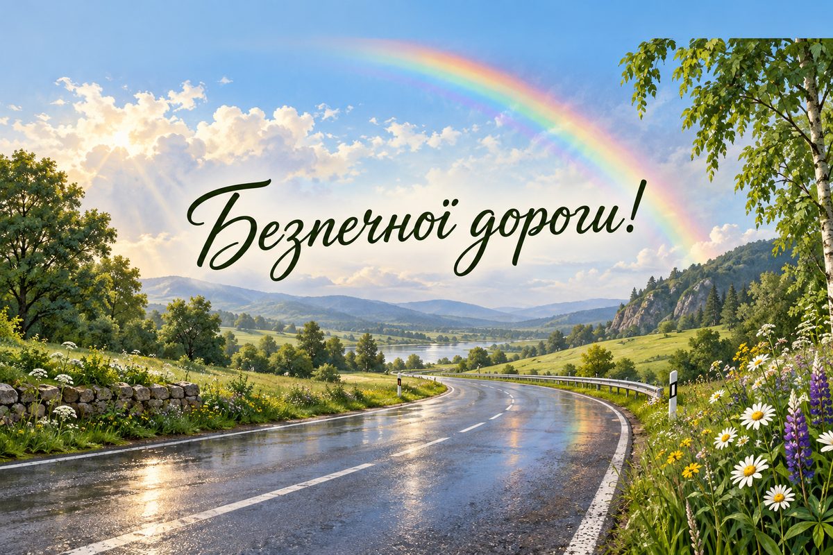 Листівка з Днем автомобіліста: дорога серед полів після дощу й веселка, напис «Безпечної дороги!»
