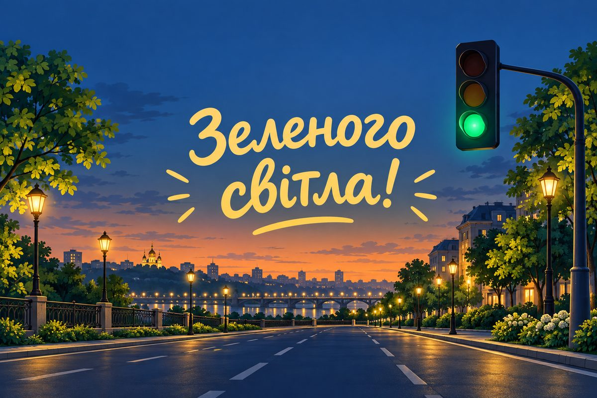 Листівка з Днем автомобіліста: світлофор світить зеленим над вечірньою вулицею, напис «Зеленого світла!»
