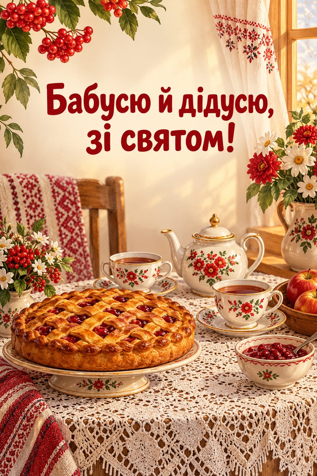 Листівка з Днем бабусі й дідуся: чайний сервіз на двох і домашній пиріг, напис «Бабусю й дідусю, зі святом!»