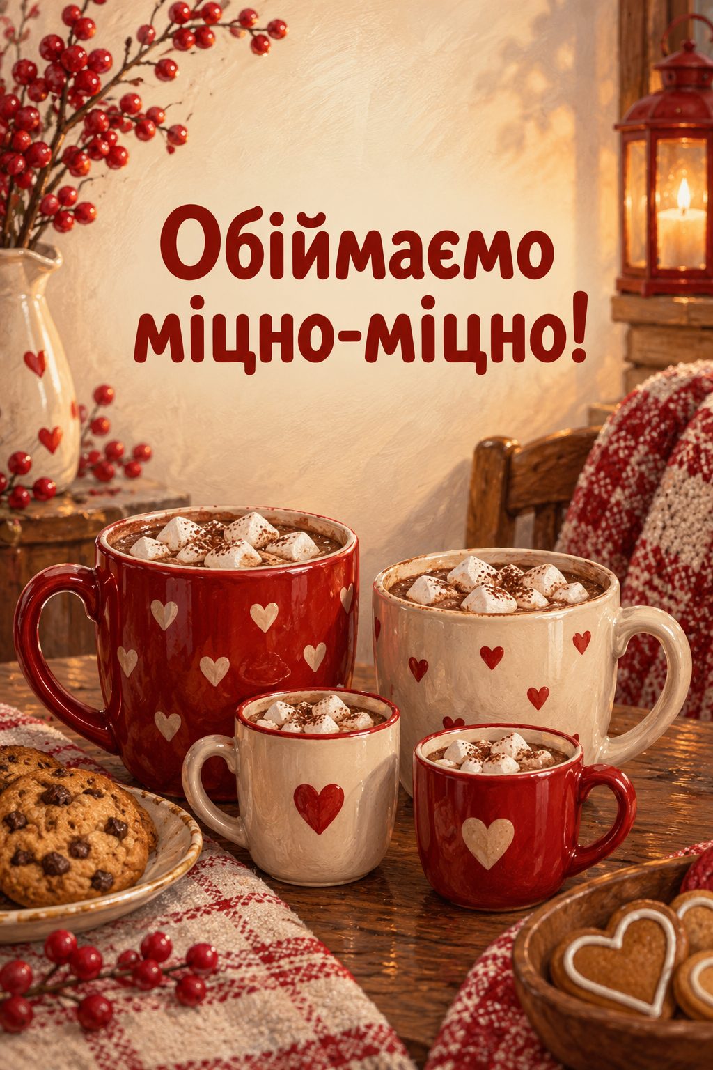 Листівка з Днем бабусі й дідуся: дві великі й дві маленькі чашки какао, напис «Обіймаємо міцно-міцно!»