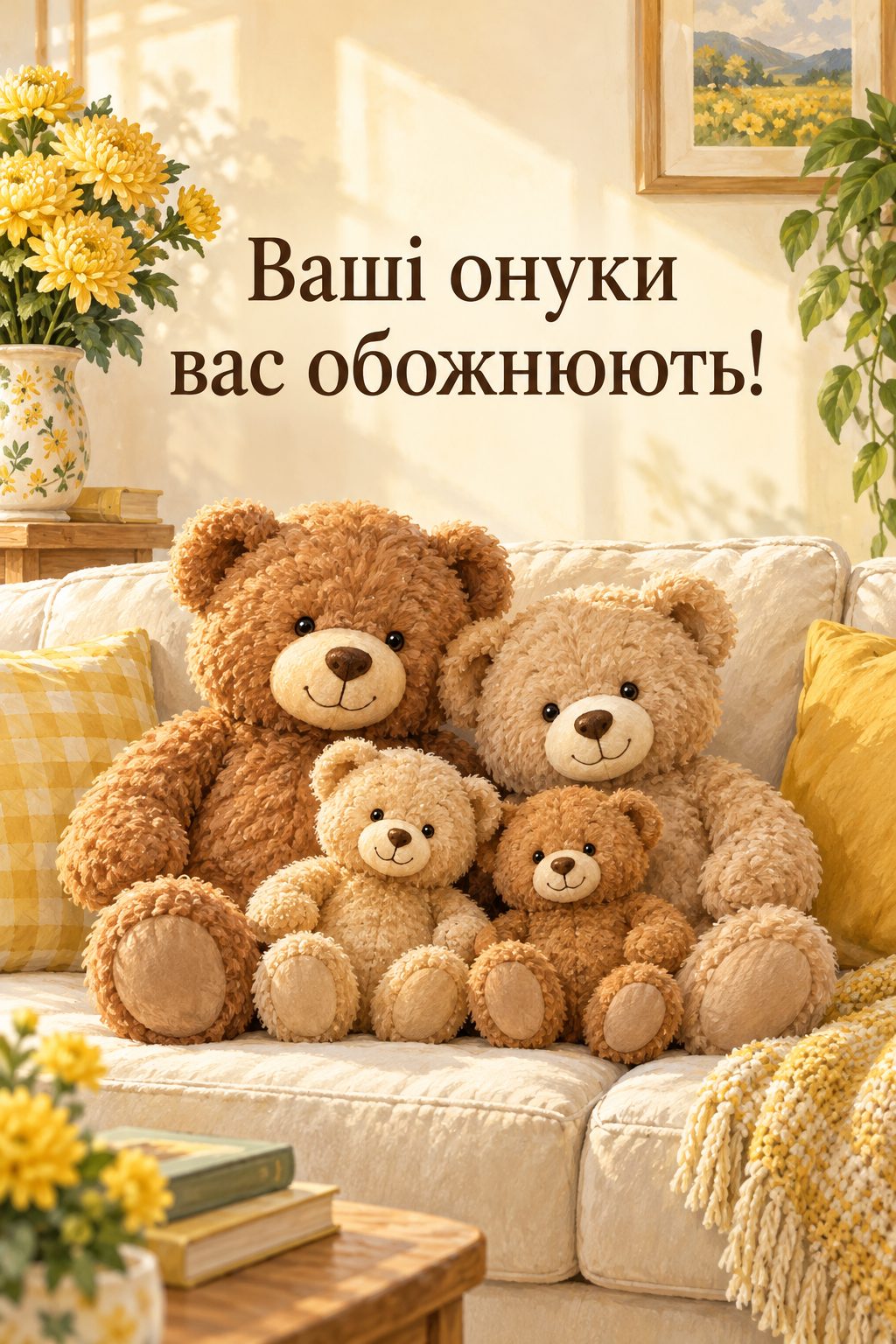 Листівка з Днем бабусі й дідуся: два великі й два маленькі плюшеві ведмедики на дивані, напис «Ваші онуки вас обожнюють!»