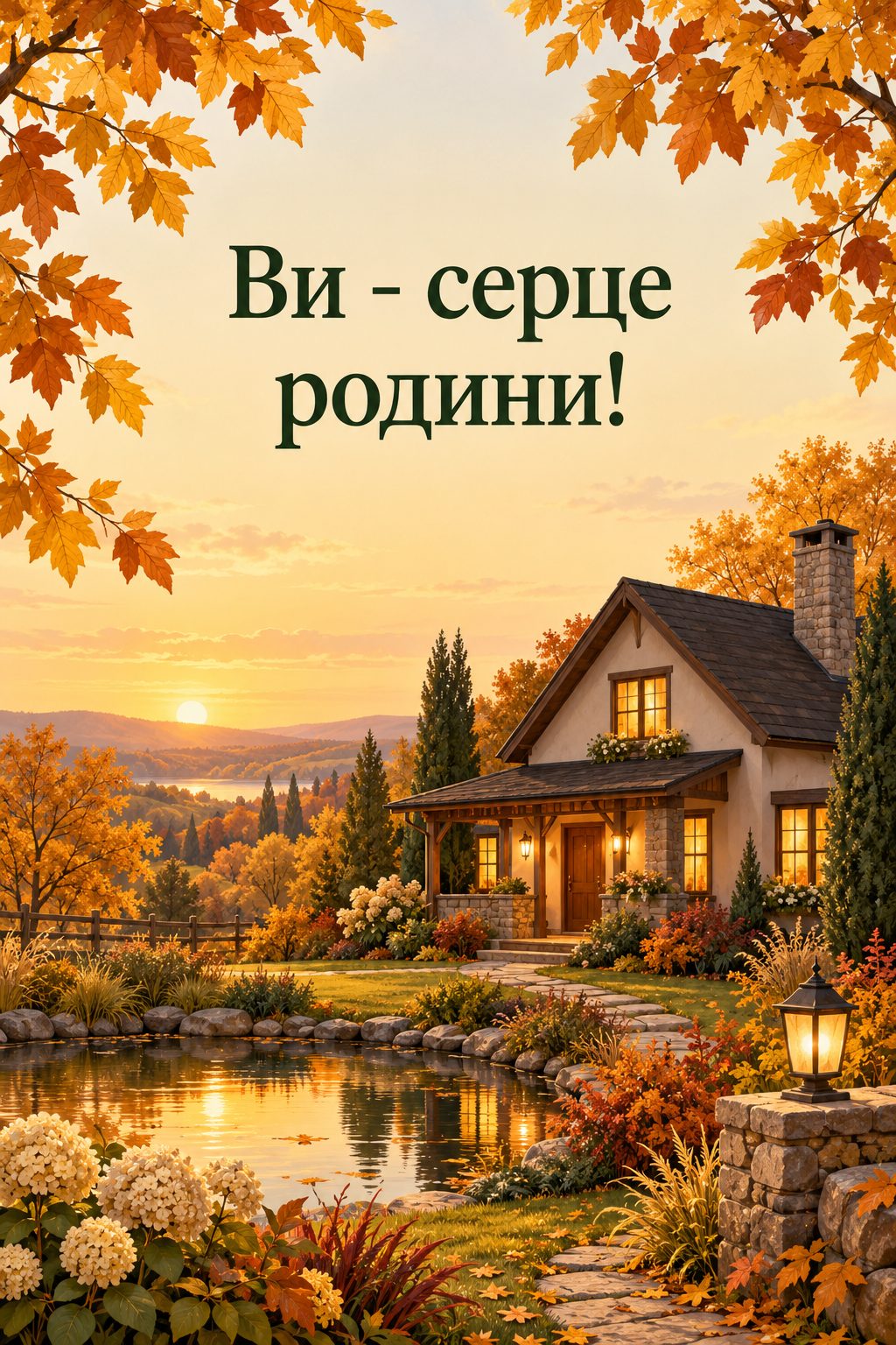 Листівка з Днем бабусі й дідуся: затишний будинок з освітленими вікнами серед осінніх дерев, напис «Ви - серце родини!»