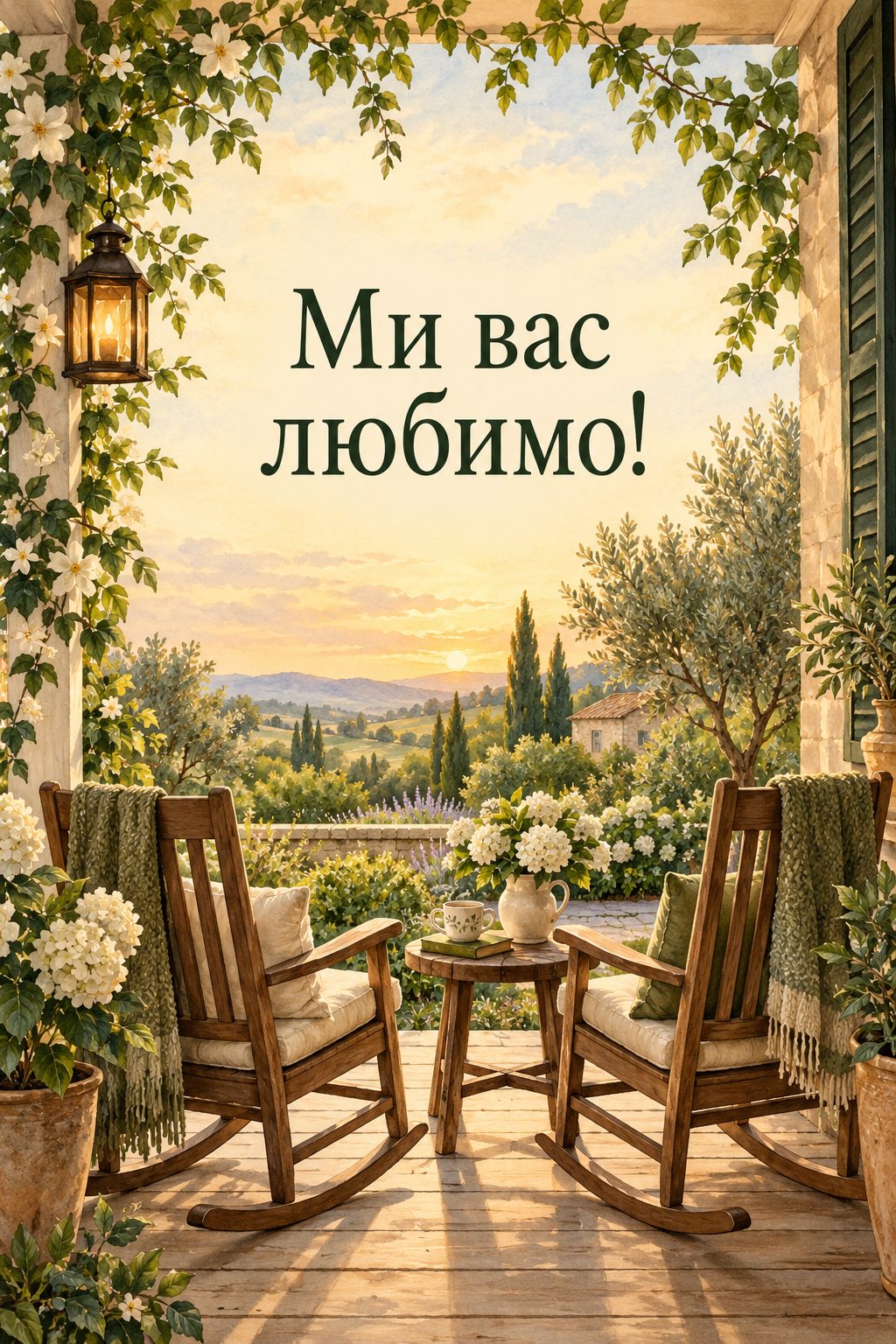 Листівка з Днем бабусі й дідуся: два крісла-гойдалки на веранді з видом на сад, напис «Ми вас любимо!»