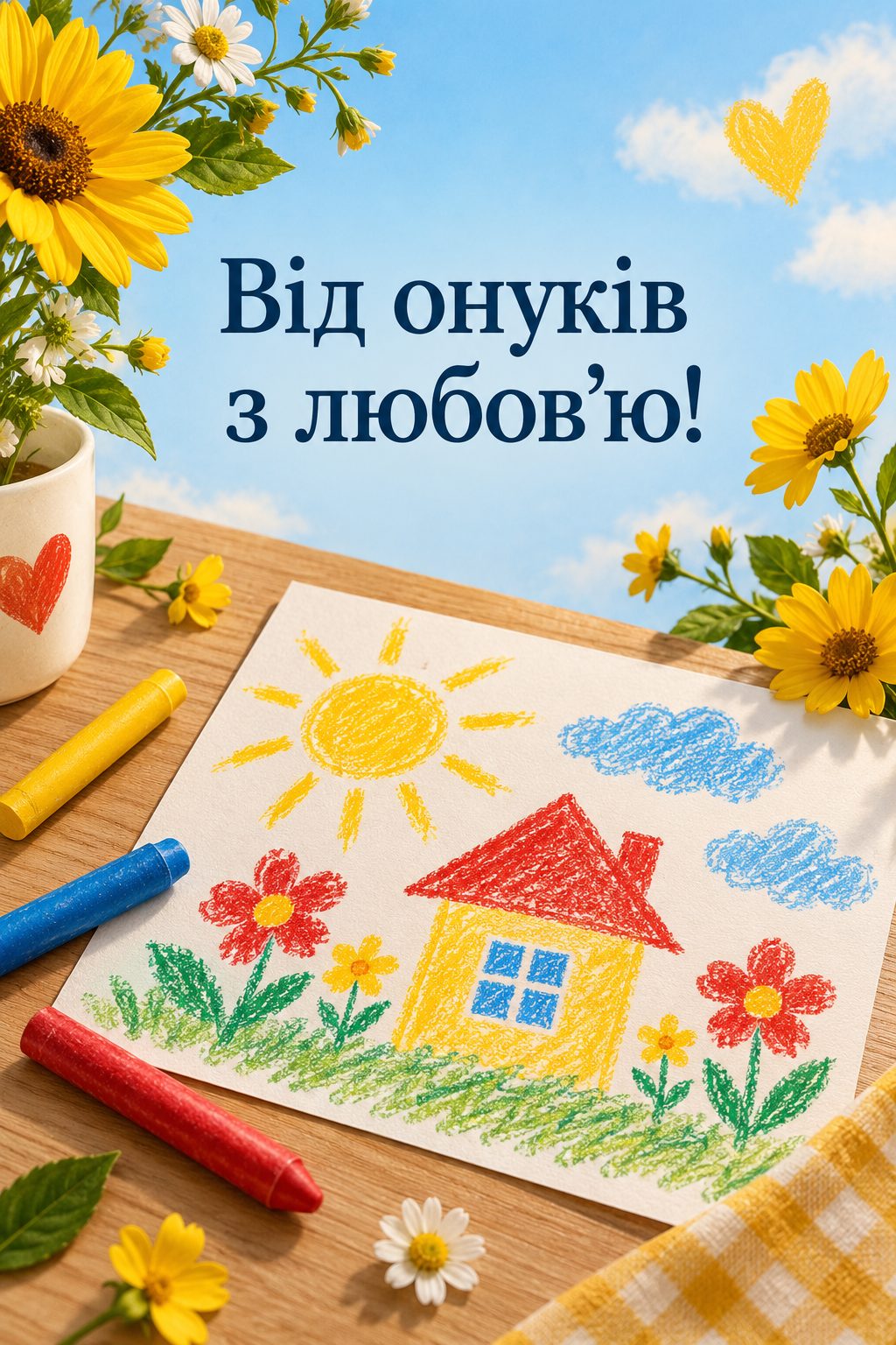 Листівка з Днем бабусі й дідуся: дитячий малюнок будинку й сонця та олівці, напис «Від онуків з любов'ю!»