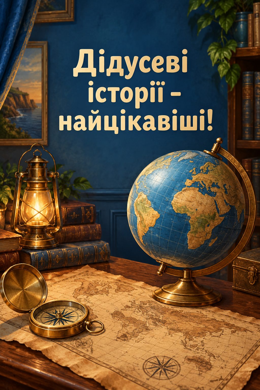 Листівка з Днем бабусі й дідуся: глобус, стара мапа й компас, напис «Дідусеві історії - найцікавіші!»