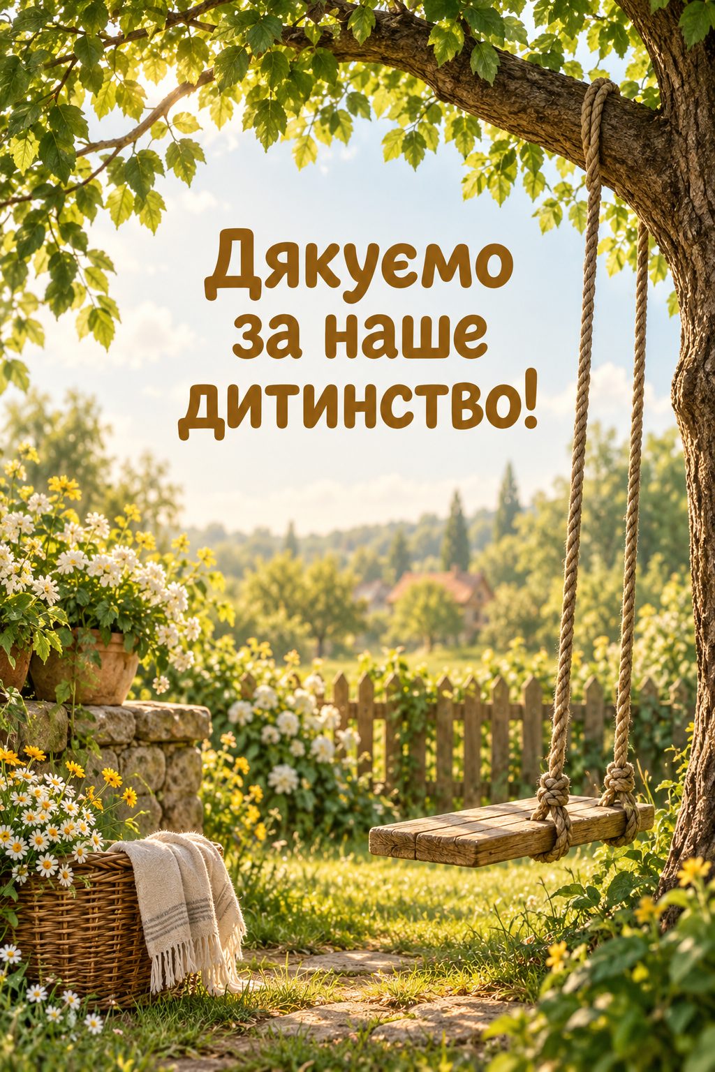 Листівка з Днем бабусі й дідуся: гойдалка на старому дереві в сонячному саду, напис «Дякуємо за наше дитинство!»