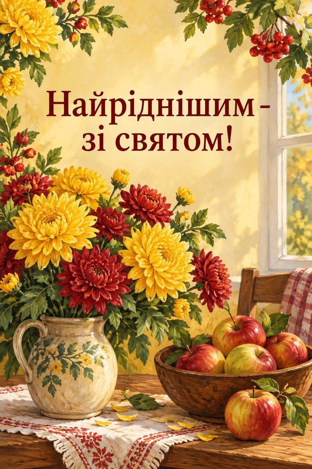 Листівка з Днем бабусі й дідуся: букет хризантем і миска яблук, напис «Найріднішим - зі святом!»