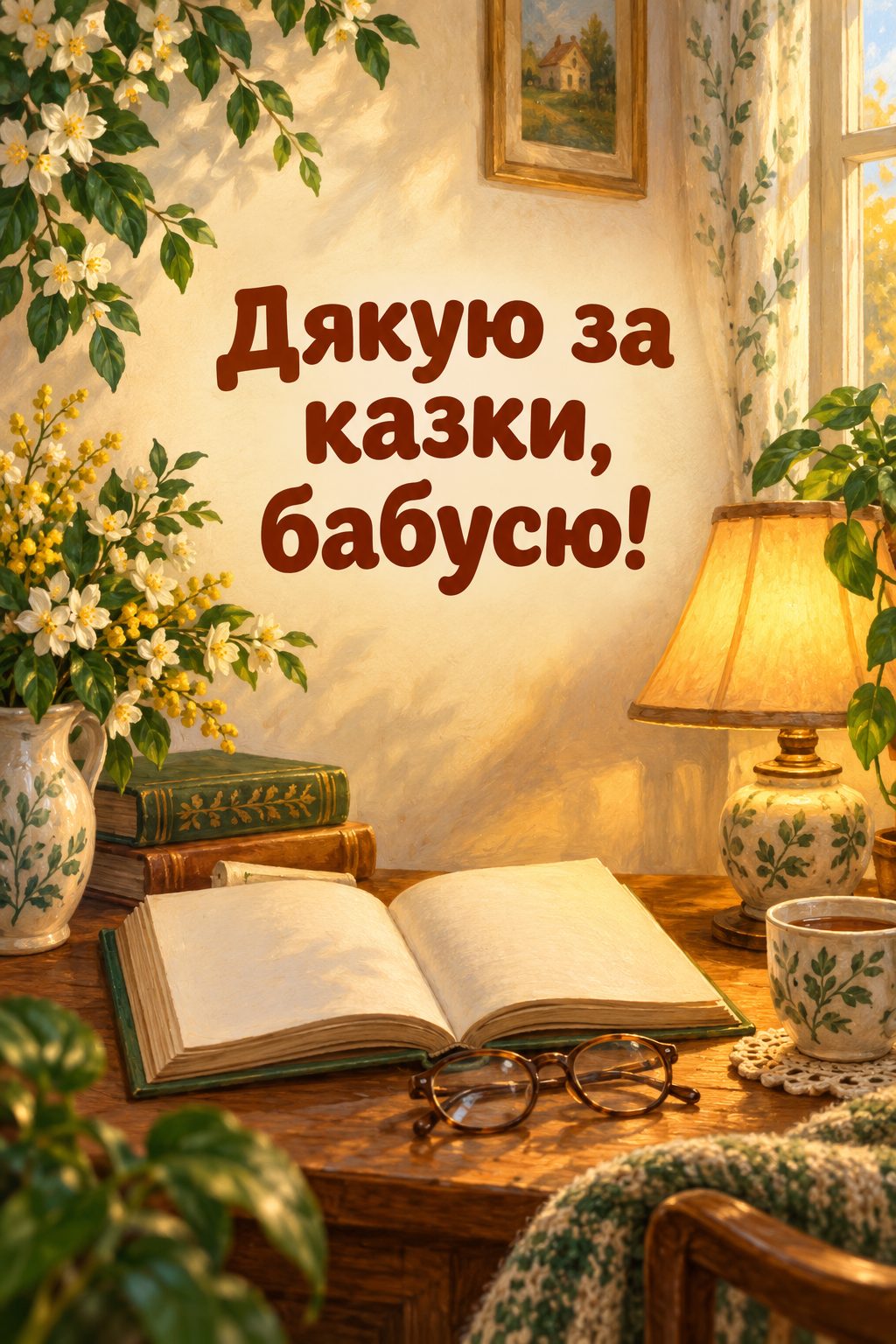 Листівка з Днем бабусі й дідуся: розгорнута книжка казок, окуляри й лампа, напис «Дякую за казки, бабусю!»