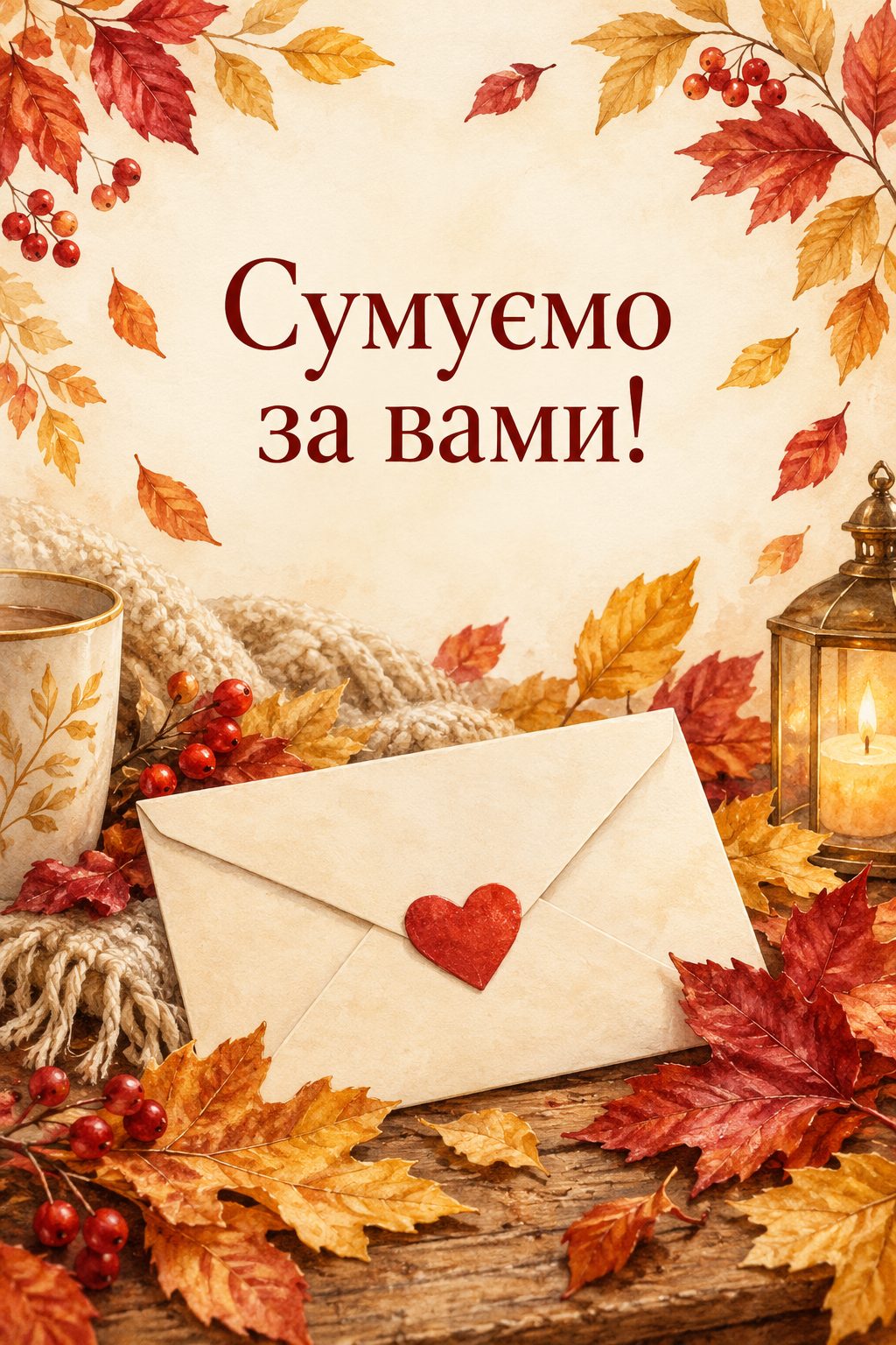 Листівка з Днем бабусі й дідуся: конверт із наліпкою-серцем серед осіннього листя, напис «Сумуємо за вами!»