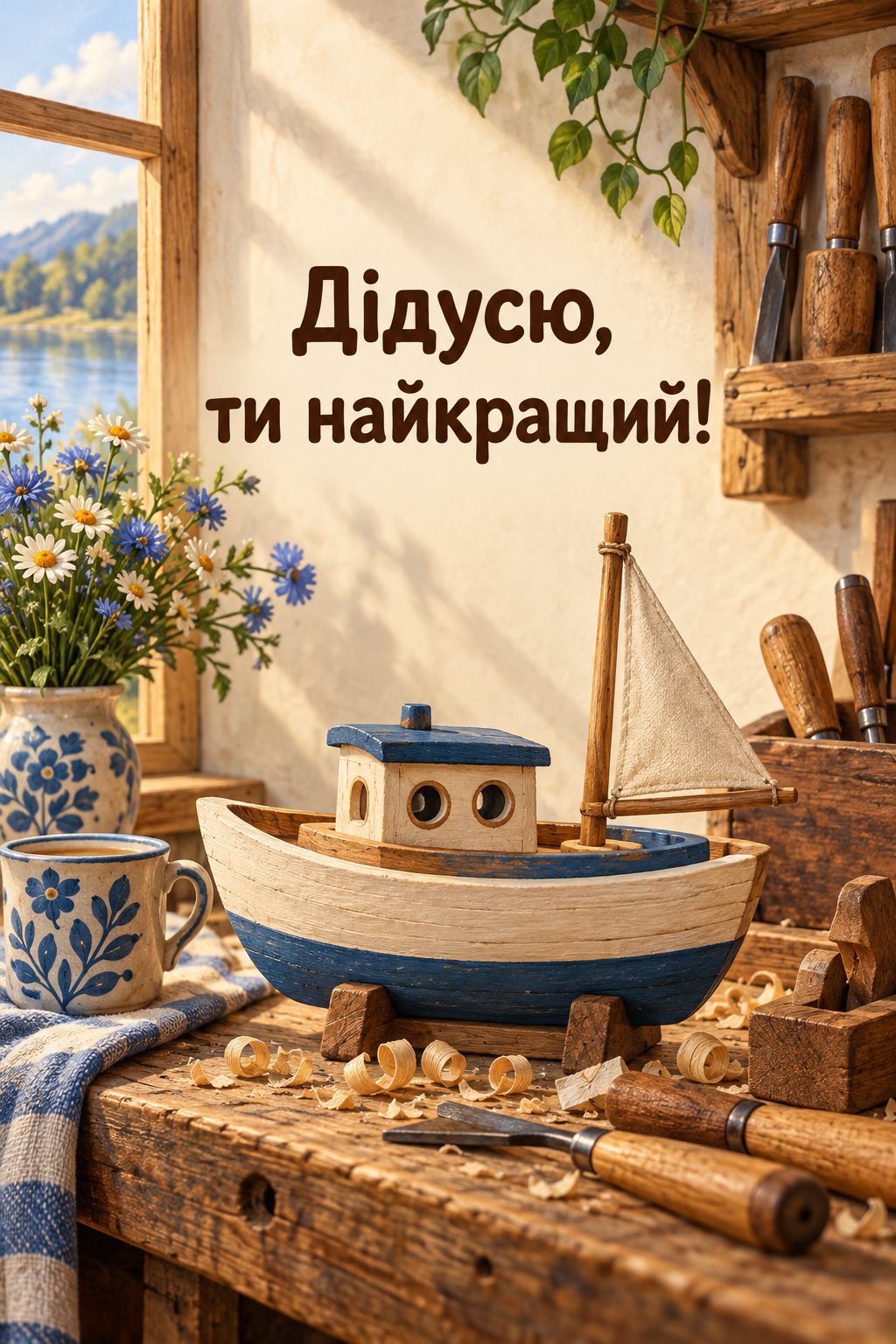 Листівка з Днем бабусі й дідуся: дерев'яний кораблик і різці на верстаку, напис «Дідусю, ти найкращий!»