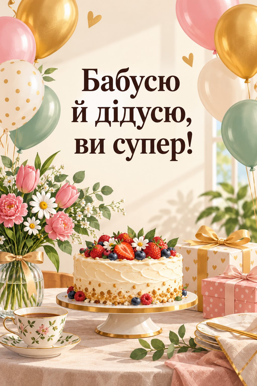 Листівка з Днем бабусі й дідуся: різнокольорові кульки й домашній торт, напис «Бабусю й дідусю, ви супер!»