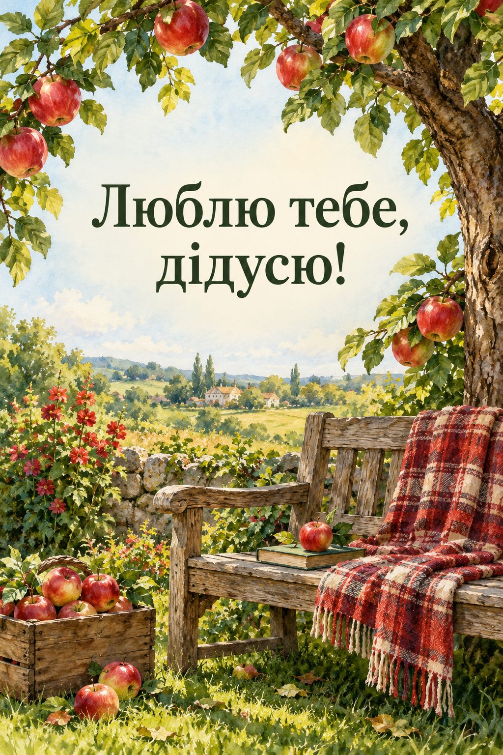 Листівка з Днем бабусі й дідуся: дерев'яна лава під старою яблунею, напис «Люблю тебе, дідусю!»