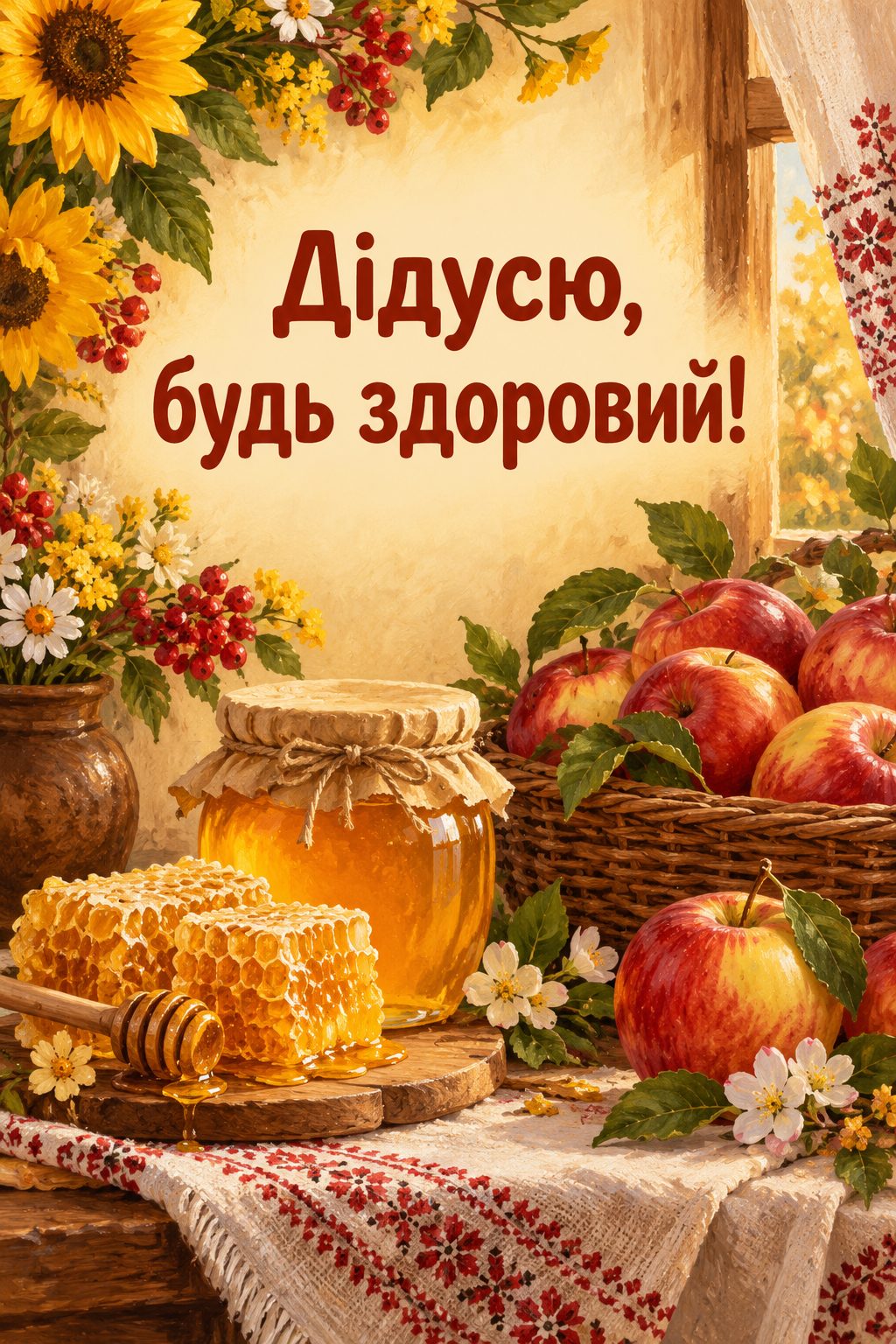 Листівка з Днем бабусі й дідуся: банка меду зі стільником і кошик яблук, напис «Дідусю, будь здоровий!»