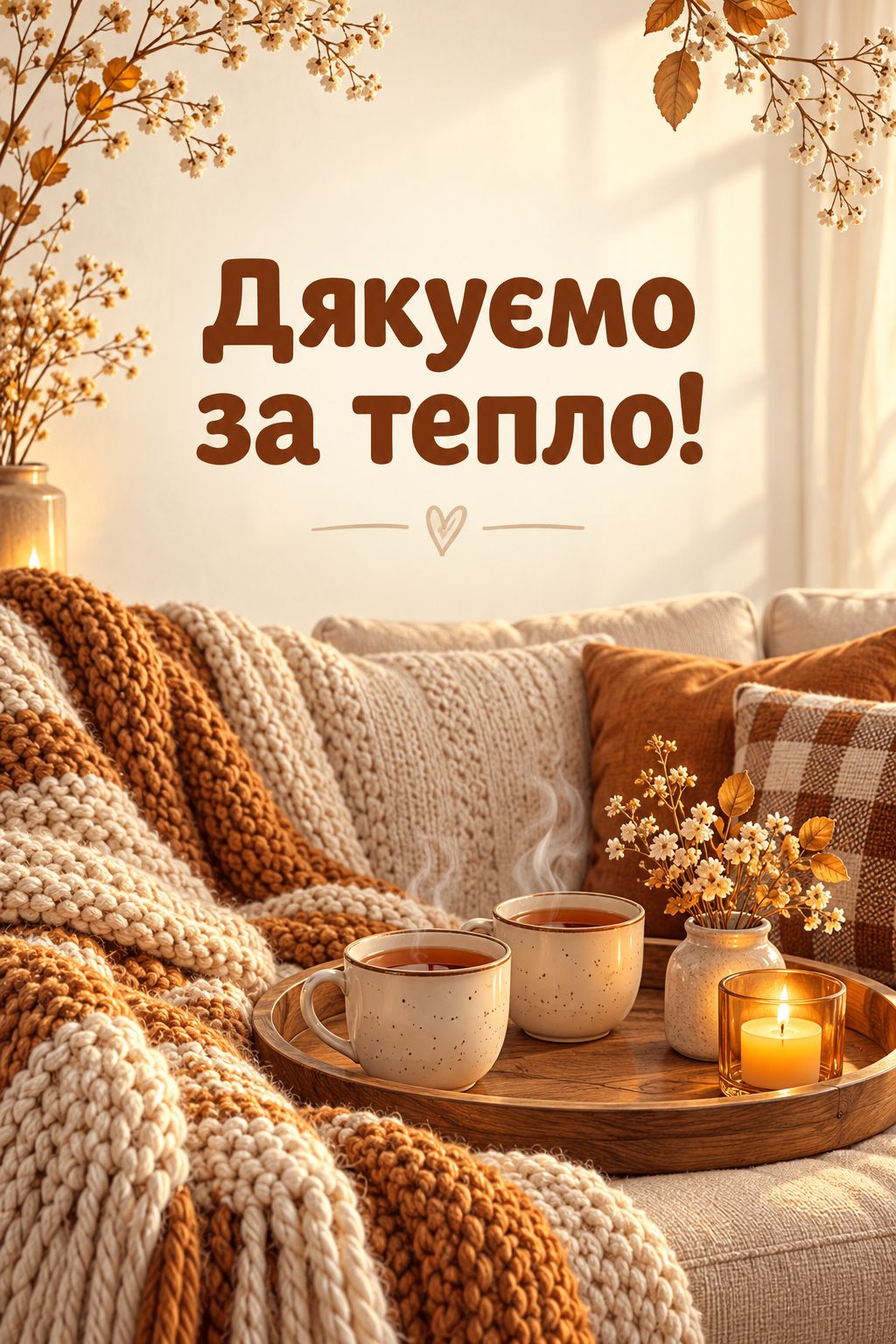 Листівка з Днем бабусі й дідуся: в'язаний плед і дві чашки чаю, напис «Дякуємо за тепло!»