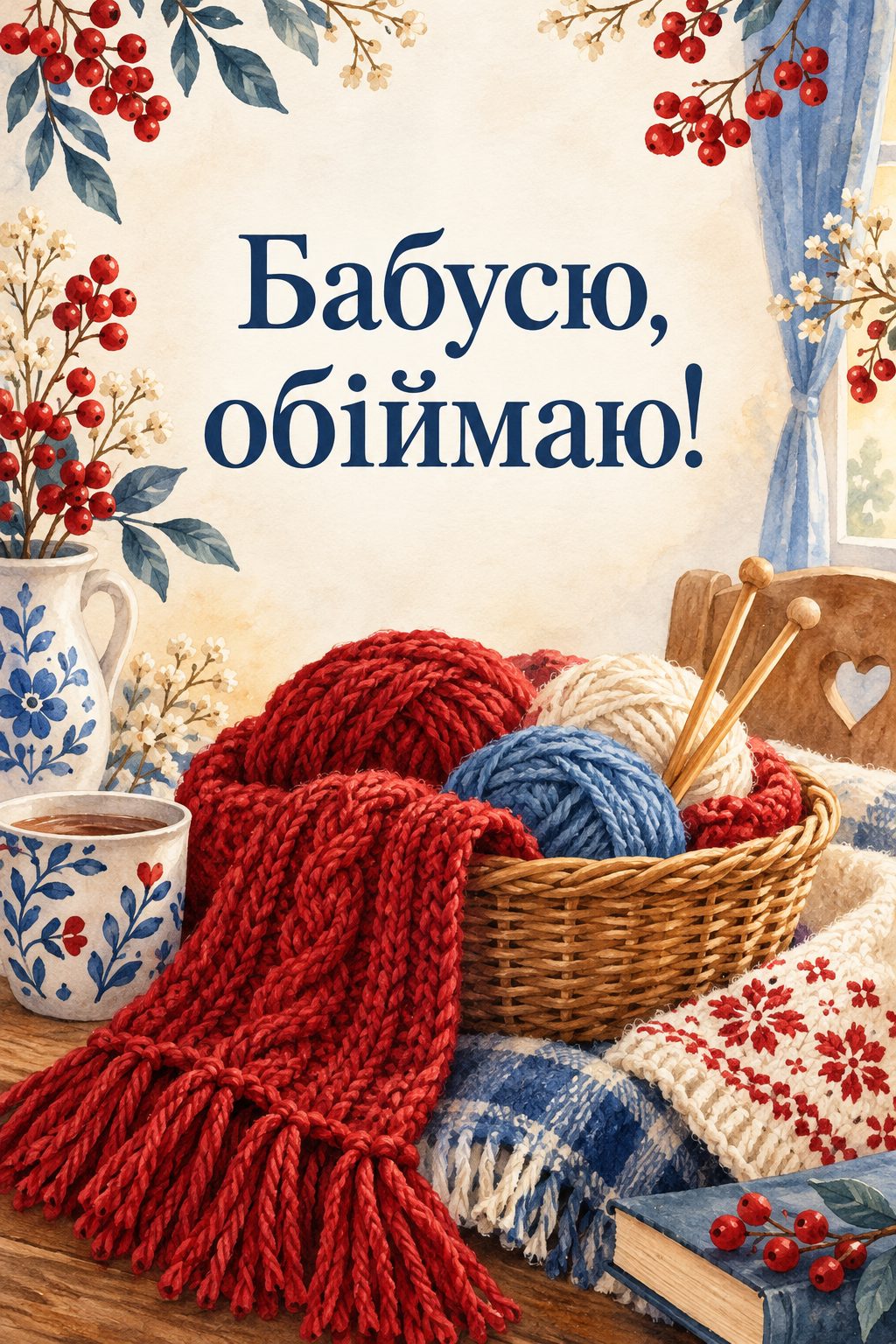 Листівка з Днем бабусі й дідуся: в'язаний шарф, клубки пряжі й спиці в кошику, напис «Бабусю, обіймаю!»