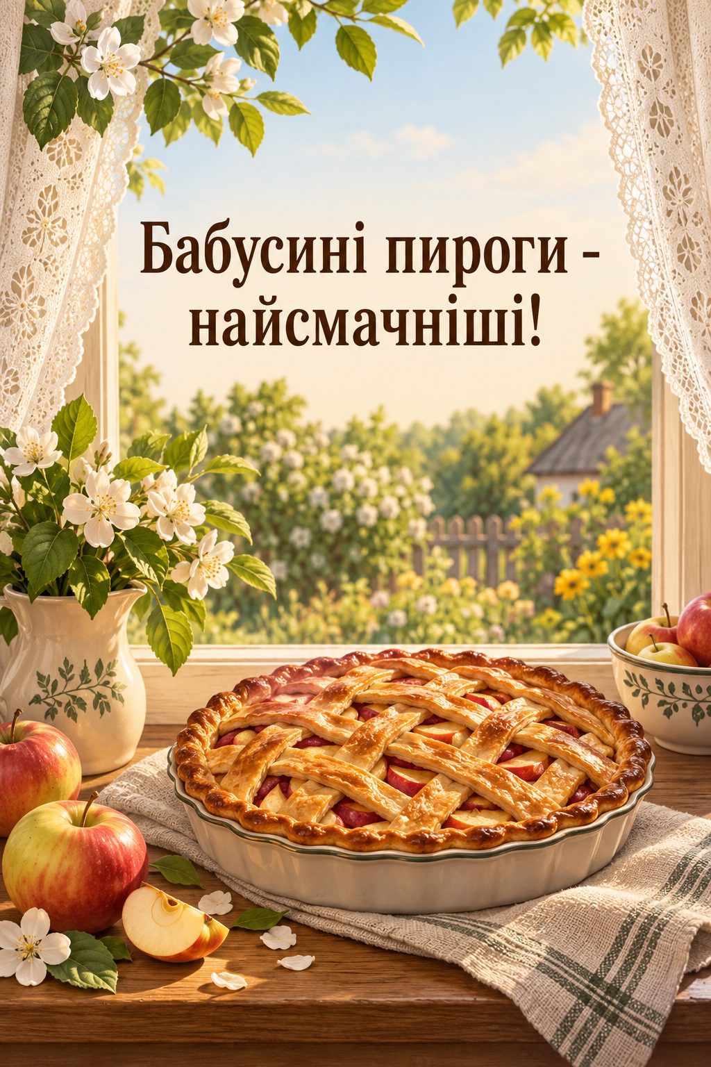 Листівка з Днем бабусі й дідуся: пиріг на підвіконні з мереживними фіранками, напис «Бабусині пироги - найсмачніші!»