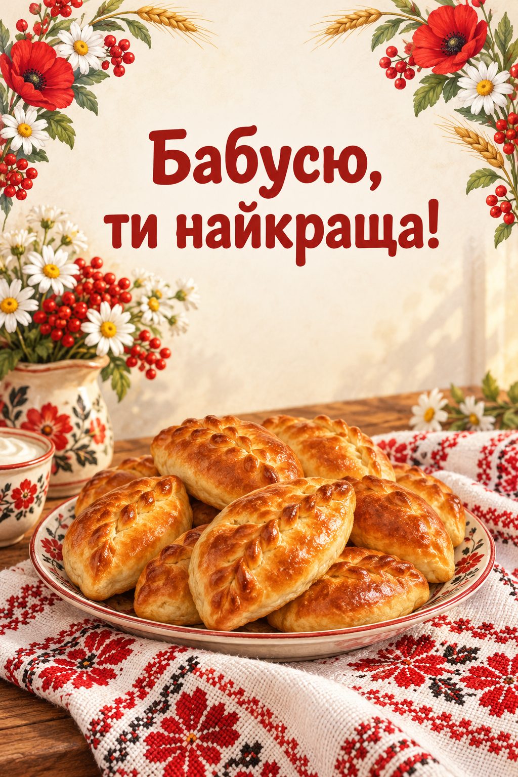 Листівка з Днем бабусі й дідуся: домашні пиріжки на тарілці з вишитим рушником, напис «Бабусю, ти найкраща!»