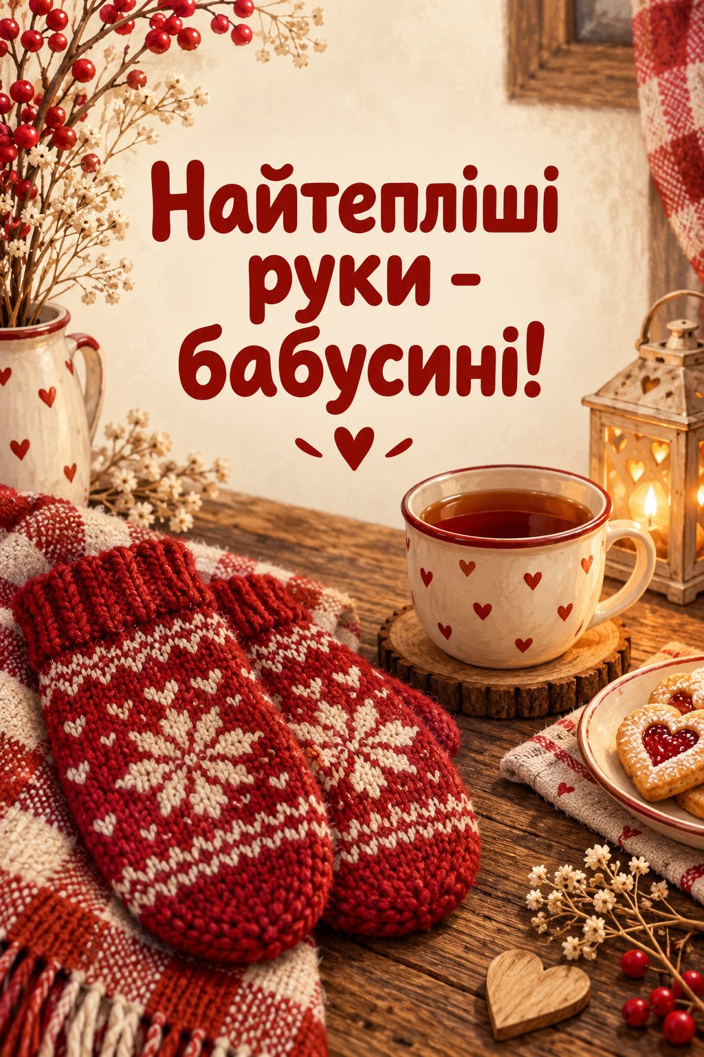 Листівка з Днем бабусі й дідуся: в'язані рукавички й чашка чаю, напис «Найтепліші руки - бабусині!»